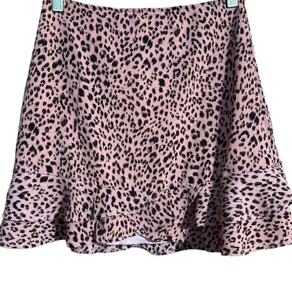 Mi Ami Pink Leopard Print Mini Skirt Side Zipper Ruffle Scalloped Hem - Picture 1 of 5